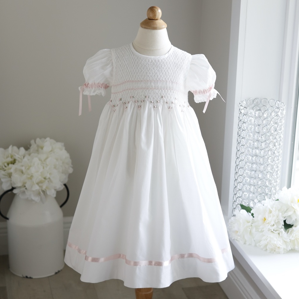 Strasburg Dress Smocked White with Pink Trim Size 3T Special Occassion Portrait
